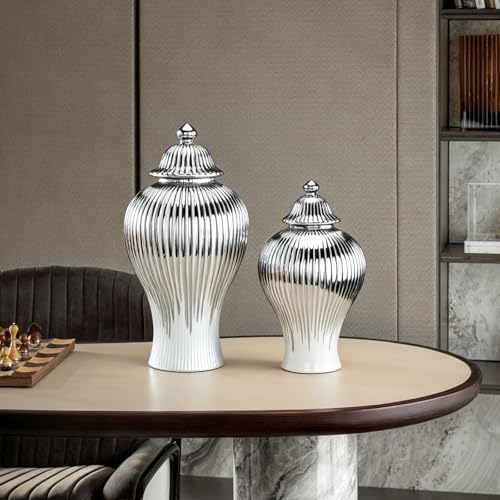 Ginger Jar, White Gold Ceramic Vase Large Handmade Porcelain Vases with Lid, White Gold Decorative Flower Vase for Home, Living Room, Weddings, Centerpieces (B-Silver-Large) - size: B-Silver-Large