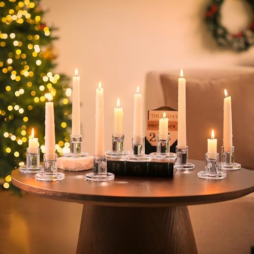 NUPTIO Glass Candle Stick Holder: Set of 10 Clear Small Taper Candlestick Holders for Tapered Candles Bulk Crystal Short Tapers Candlesticks Candleholder for Dining Table Fireplace Mantle Decor - size: 10 Pcs