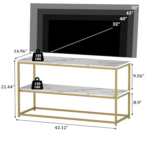 Function Home TV Stand for TVs up to 50 Inch, 2 Tier Entertainment Center, Modern TV Cabinet with Marble Top and Gold Metal Base, 42" Media Console Table with Storage for Living Room Bedroom - color: 42" Gold
