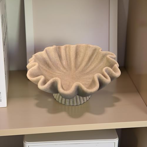 10" Large Handmade Decorative Bowl decor , Handicraft Scalloped Bowls for Modern Home Decor,Ruffle Decor,Key Bowl for Entry Table,Decorative Fruit Bowl for Kitchen Counter,Artificial Stone Beige - color: Beige-With base, size: 10inch