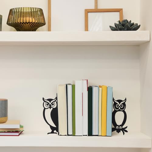Geelin Owl Bookends for Shelves Decorative Metal Book Ends Set of 2 Styles Vintage Style Black Owl Design Heavy Duty Non-Slip Book Holders for Home Library Office Decor Gift for Reading Lovers - style: Owls