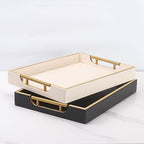 Wooden Structure Leather Decorative Coffee Table Square Tray, Farmhouse Counter PU Tray - Room Serving Trays, Brushed Champagne Gold Handle (Black) - color: Black