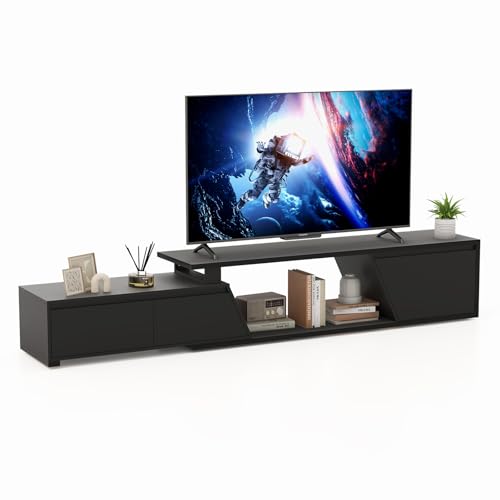 Verano Garden Extendable TV Stand with Led Lights, Wood TV Media Console with 2 Drawers & 1 Cabinet, Modern Entertainment Center Up to 90 Inch TV for Living Room Bedroom, 63" - 90.6" (Black) - color: Black