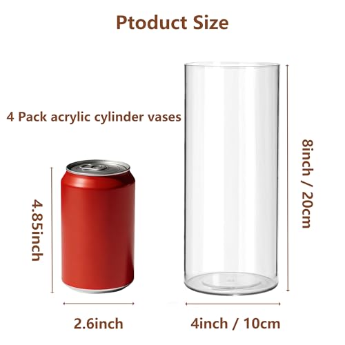 4 Pack Acrylic Cylinder Vases for Centerpieces, 8 inch Tall Clear Flower Vase, Unbreakable Vases,Hurricane Candle Holders Floating Candle Vase for Wedding Dinner Table Party Living Room Decor - size: 4 Pack(4" W x 8" H)