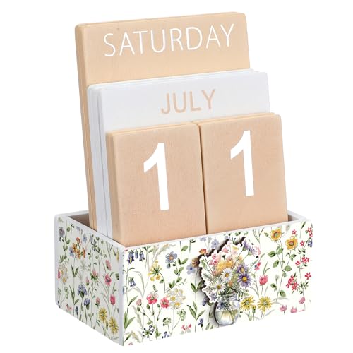 AceOrbit Wildflower Wood Block Perpetual Calendar Coquettish Farmhouse Desk Decor Cute Watercolor Wildflower Month Week Date Display Decorative Block Calendar Office Home Desk Gift for Women - style: Wildflower