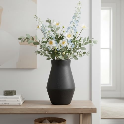1pcs. Black Vase for Home Decor Table, Living Room, Entryway Ceramic Geometric Wide-Mouth for Flowers Textured Matte Unglazed Pottery - Black Height 11 in/Width 7.48 in/Opening 4.92 in - color: Black, size: 11 inch