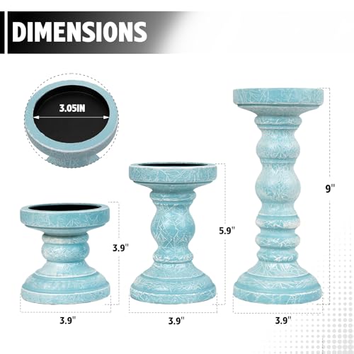 Candle Holder for Pillar Candle Set of 3, Ocean Themed Beach Decor Candle Holders, Coastal Farmhouse Nautical Rustic Decorations for Bathroom, Living Room, Dining Room and Office, Blue - color: Blue