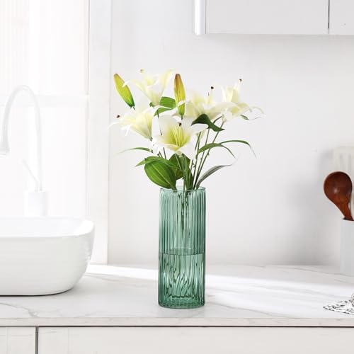 Green Glass Vase, Glass Flower Vase, Ribbed Glass Vase, Green Vase, Tall Cylinder Glass Vases for Centerpieces, Living Room, Bedroom, Dining Table, Office, Wedding, Bookshelf, 10 Inches - color: Green, size: 10''