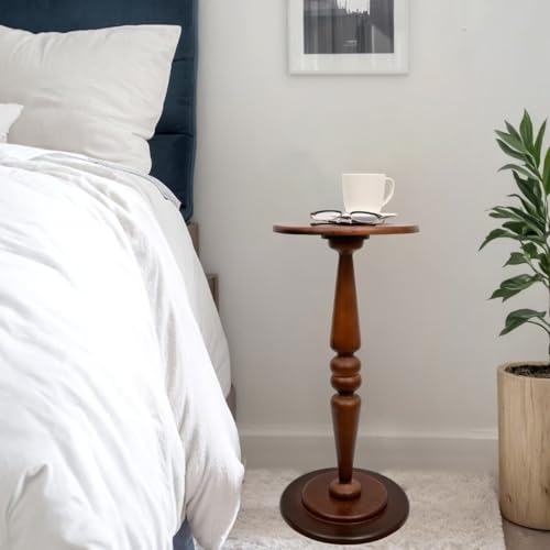 SwallowLiving Round Pedestal Side Table – Solid Pine Wood Drink Table for Small Spaces, 25" Tall Narrow End Table for Living Room & Bedroom, Vintage Brown Accent Furniture (12" Diameter) - color: Brown Spindle