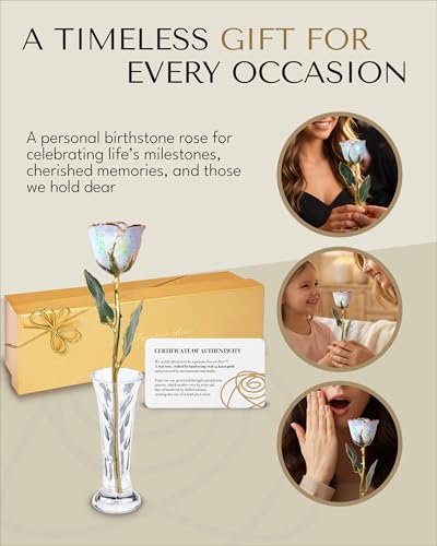 Forever Rose Hand-Dipped in 24K Gold, Opal-Inspired October Birthstone with Sparkles, Real Rose in Luxury Gold Gift Box & Clear Glass Bud Vase – Perfect Ready for October Birthday or Any Occasion - color: October Opal