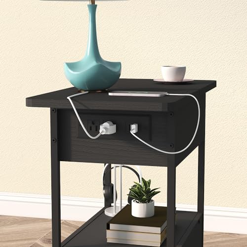 SOOWERY End Table with Charging Station, Narrow Side Table with Flip Top Cabinet and Fabric Drawer, Nightstand Bedside Tables for Small Spaces, Bedroom, Living Room, Black - color: Black