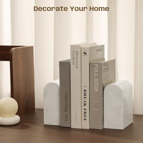 Marble Bookends for Shelves, Decorative Book Ends, 13lbs Heavy-Duty Marble Book Holders, Stone Bookshelf Decor, Carrara White - color: Carrara White, size: 12LB