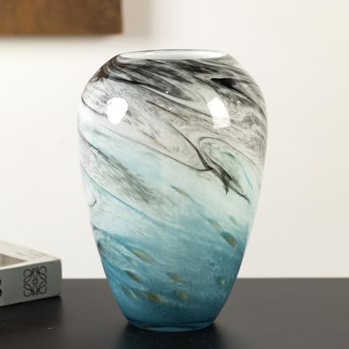 11" H Teal Glass Vases for Flowers, Unique Hand Blown Glass Vase Blue Home Decor, Wide Mouth Colorful Flower Vase Centerpieces, for Living Room Table Bookshelf, Bathroom Office Shelf Decorative