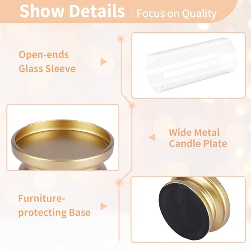 NUPTIO Hurricane Candle Holder Gold: Pillar Candle Holders with Clear Glass Sleeve - Set of 2 Decorative Brass Metal Pillars Stand for Dining Table Centerpiece Shelf Fireplace Mantel Decor - color: Gold
