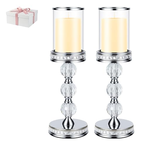 14.7" Tall Hurricane Candle Holder, Pillar Candle Holders with Glass Sleeve with Gift Box, Crystal Candle Stands for Home Warming, Weddiing, Dining Room Decor, Table Centerpiece (2, Silver, L) - color: Silver, size: Large