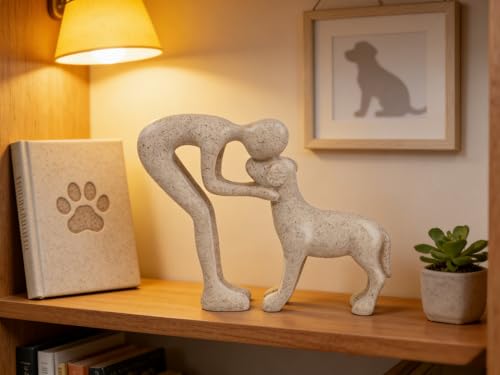 Human and Dog Hugging Sculpture Decor - Forever Loved Pet Memorial Statue Gifts, Decorative Figurine for Home, Shelf, Desk & Office (Sandstone)