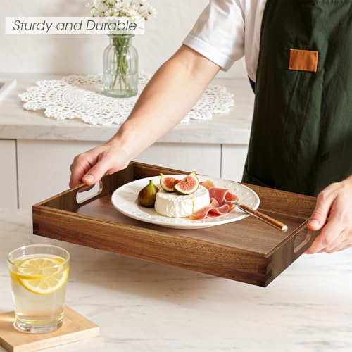 Acacia Serving Trays - 2 Pack, Acacia Wood Serving Platterss, Wood Serving Tray, Decorative Trays for Breakfast, Brunch, Dinner, Coffee Table, Party, Kitchen-M - size: 14"x9"x1.57" and 15"x11"x1.57"