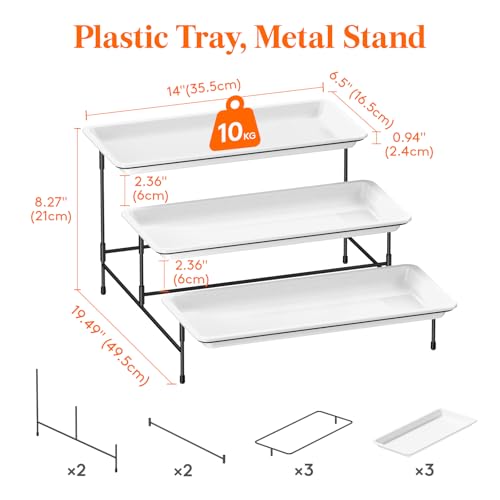 Lifewit 3 Tier Serving Tray, 36 x 17 cm/14 x 6.5" White Plastic Tiered Food Serving Platters, Tiered Tray Stand for Party with Black Collapsible Metal Stand, Dessert Display Stand for Cookies/Crackers - size: 14" x 6.5", style: Basic