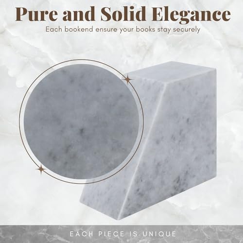 Flexzion Book Ends for Heavy Books - White Marble Bookends Decorative for Shelves, Weighted Modern Stone Marble Bookends Stopper with Non-Skid Bottom for Desk, Shelves, Kitchen and Office (Set of 2)