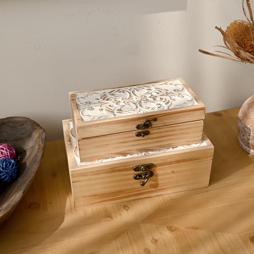 DECOR4SEASON Wooden Storage Box Set of 2 - Hand Carved Floral Decorative Boxes with Hinged Lids - Solid Pine Keepsake Organizer for Jewelry, Photos, and Rustic Farmhouse Home Décor - color: White&Brown, size: S&M