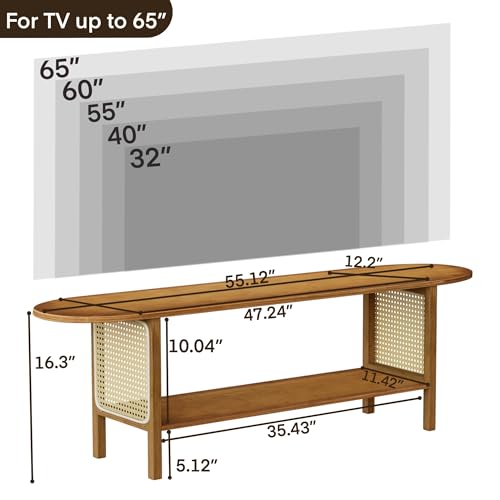 Bamboo TV Stand for TVs up to 65", Accent Entertainment Center with Storage, Media Console Table with Rattan, Modern TV Stand for Living Room, Bedroom, 55"(L), Walnut - color: Walnut Rattan