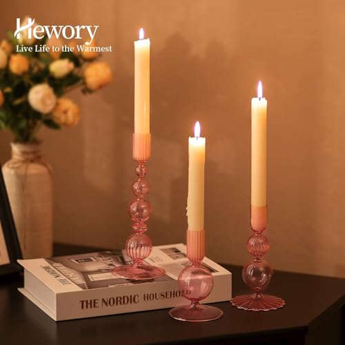 Hewory Glass Candlestick Holders Set: 3PCS Pink Candle Holder Taper Candle Holders Bulk, Crystal Ribbed Candle Sticks Holder Decor for Table Centerpiece Wedding Christmas Thanksgiving Dinner - color: Pink