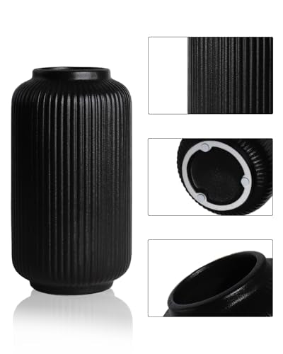 Black Ceramic Vase, 8 Inch Modern Flower Vase for Bouquet and Pampas Grass, Matte Frosted Large Opening Decorative Vase for Farmhouse Table, Shelf Decor - color: Matte Black02