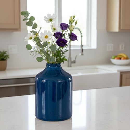 Sunddo Blue Ceramic Vase, Farmhouse Floral Vases for Pampas Grass, Decorative Coastal Flower Vase for Home Decor, Table, Bathroom, Living Room, Office Desk, Centerpieces Decor - color: Dark Blue, size: 8 inch