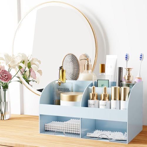 Makeup Organizer with Drawers, Cosmetic Storage for Dresser Vanity and Bathroom Countertop, Beauty Holder for Lipstick Brush, Skincare Organizer for Vanity, Cosmetic Display Case (Blue) - color: Blue