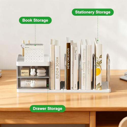 Desk Organizer with 2 Drawer, Desktop File Organizer with 4 Bookends, with Pen Holder, for Home Office School Supplies