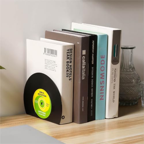 Modern Bookends for Shelves, Retro Vinyl Record Design Bookends Decorative Bookends for Vintage Lovers, Music Lovers Decorative Book Stopper for Home (1 Pair (Black) - color: Black