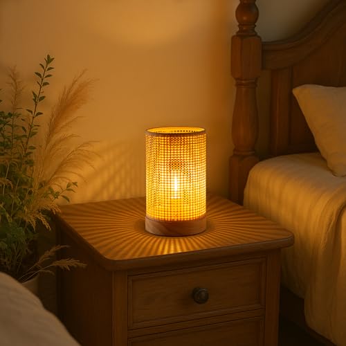 LUSHARBOR Battery Operated Lamp Boho Rattan Table Lamp with Timer, Battery Powered Lamp Bedside Cordless Accent Lamp for Livingroom/Entryway/Tabletop Decor Beige - style: LATTICE
