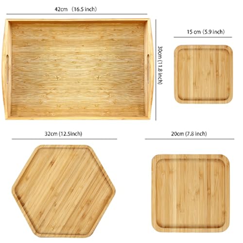 Bamboo Serving Trays Cutting Boards 16.5"x11.8"（42x30cm with Handle, Set Includes 0.63"(1.6cm) Thick Plates 1xHexagon 12.5"(32cm)+1xSquare 7.8"(20cm)+1xSquare 5.9"(15cm) for Family Dinner - color: 0.63"(1.6cm) Thick 1xhexagon 12.5"(32cm)+1xsquare 7.8"(20c