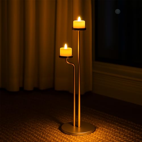 Smtyle Gold Standing Candelabra, Dual-Tier Sculptural Metal Floor Candle Holders for Wedding, Home Decor, Holiday, and Birthday Party