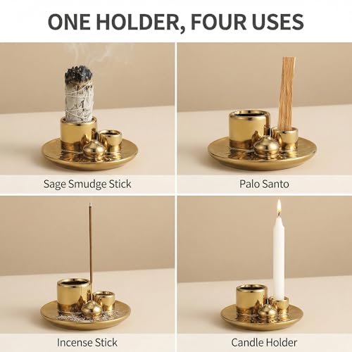 Handmade Ceramic Incense Burner for Palo Santo Incense Sticks, 4 in 1 Multi-Purpose Sage Holder for Burning, Ash Catcher Tray for Meditation Yoga Room (Golden) - color: Golden