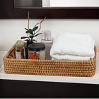 Rattan Serving Tray, Rectangle Coffee Table Tray with Handles, Decorative Ottoman Tea Tray Wicker Basket for Coffee, Bread, Fruits, Snacks, Breakfast, Drinks, Table Decor - size: 14.5" x 9.2" x 2.6"