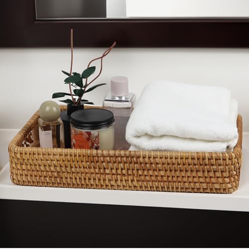 Rattan Serving Tray, Rectangle Coffee Table Tray with Handles, Decorative Ottoman Tea Tray Wicker Basket for Coffee, Bread, Fruits, Snacks, Breakfast, Drinks, Table Decor - size: 14.5" x 9.2" x 2.6"