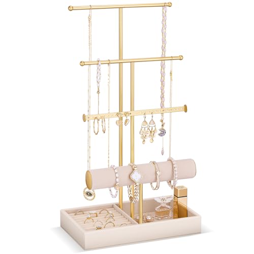 Lolalet Jewelry Holder Tree with Velvet Tray, 4 Tiers Necklace Display Stand Rack with Ring Slots Organizer for Earrings Bracelets Bangles Ring, Valentine's Day Gift -Beige - color: Beige