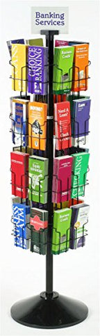 Displays2go Black Wire Rotating Display Rack with 32 Pockets for 4 x 9 Brochures, 57" Free-Standing Rack with Attached Sign Clip (WSFB432)