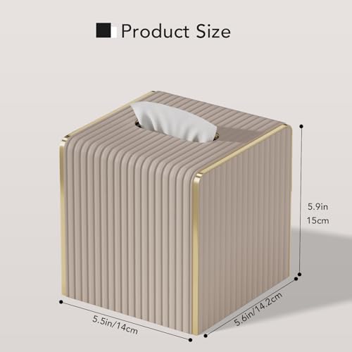 Tissue Box Cover,Beige Cube Leather Tissue Box Holders with Gold-Tone Edging Accents,Decorative Tissue Covers for Bathroom Toilet Bedroom Living Room Table Desk Office Car,Decor Aesthetic - color: Beige, size: Square Standard