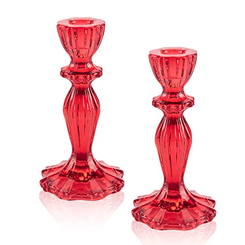 Glass Candle Holders, 2PCS Wide Base Candlestick Holder Decorative Candle Stand Table Centerpieces for Wedding Birthday Halloween Christmas Party, Red - color: Red