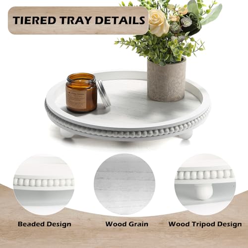 Wooden Beaded Decor Tray for Coffee Table, Rustic Wooden Trays Table Centerpieces, Decorative Trays for Home Decor Kitchen Table Farmhouse Serving Tray (Round White) - color: Round White