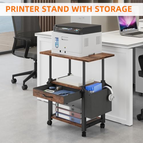 YAOHUOO Large Printer Stand with Storage Drawer and Side Bag, 3-Tier Height Adjustable Table for Home Office, Fits Heat Press/Laser/3D Printer (Rustic Brown) - color: Rustic Brown, size: 3-Tier