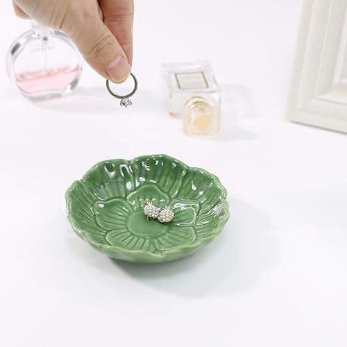 Flower Ring Dish Holder,Jewelry Dish Tray,Small Trinket Tray,Jewelry Plate Bowl,Key Bowl,Decorative Plate,Birthday Gifts for Women Mom Friends,Ceramic Green - color: Greenn