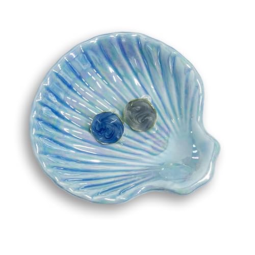 Shell Jewelry Dish Tray for Women, Ceramic Seashell Jewelry Ring Holder Dish, Jewelry Plate Trinket Dish for Necklace, Earring, Ring, Mother's Day Christmas Gift, 3.9", Sky Blue Iridescent Surface - color: Sky Blue