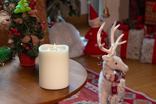 3-Wick Flameless Pillar Candle with Remote Timer, 3D Moving Flame Real Wax Led Candles (Ivory with Melty-Look Art Water, 6.5in) - color: Ivory with Melty-Look Art Water