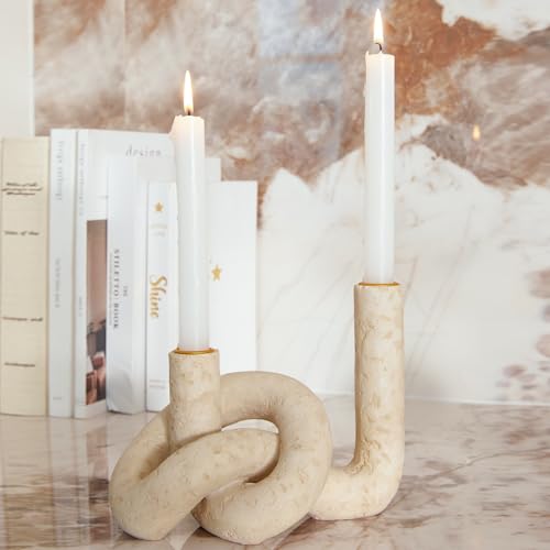 DN DECONATION Knot Shaped Taper Candle Holders - Travertine Resin Candlestick Holders, Candle Sticks Holder Boho Farmhouse Decor Coffee Table Centerpiece for Living Room Fireplace Wedding - color: Beige