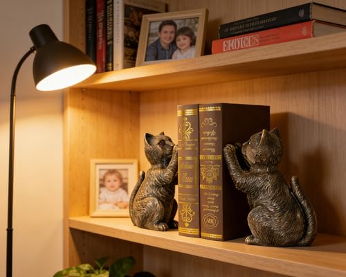 Vintage Cat Bookends for Shelves, Heavy Duty Bookends, Vintage Decorative Bookends for Kids Books, Non-Skid Design, Cat Statue Enthusiasts Gifts - color: Vintage