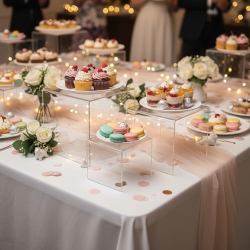Chuangdi 2 Sets Acrylic Display Risers, Product Stand, Jewelry Display Riser Shelf Showcase Fixtures for Dessert Cupcake Candy Figure Treat Action Showcase(Clear,Medium Set) - color: Clear, size: Medium Set