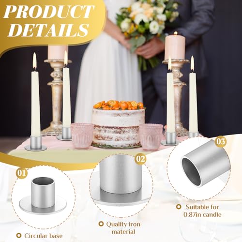 FoldTier 24 Pcs Silver Taper Candle Holders Bulk for Pillar Candles Metal Short Candlestick Holder Silver Centerpieces Decoration for Christmas Thanksgiving Anniversary Dinner Party - color: Silver